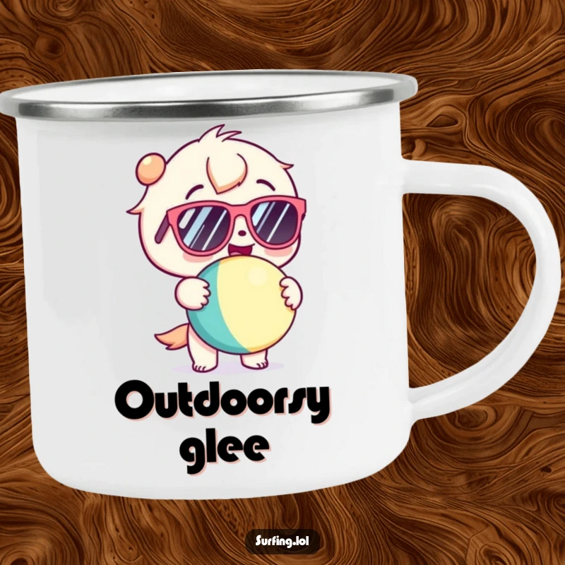 Funny camping mug with a kawaii character in sunglasses, gleefully holding a beach ball, ready for outdoor fun.