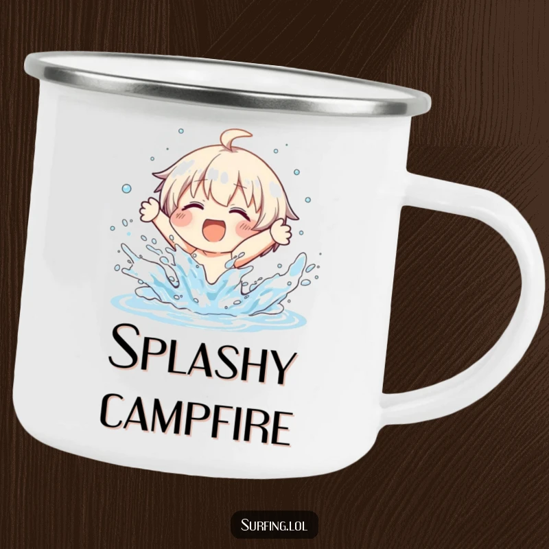 Funny camping mug of a character joyfully wiping out on a surfboard, with water splashing everywhere, for campers.