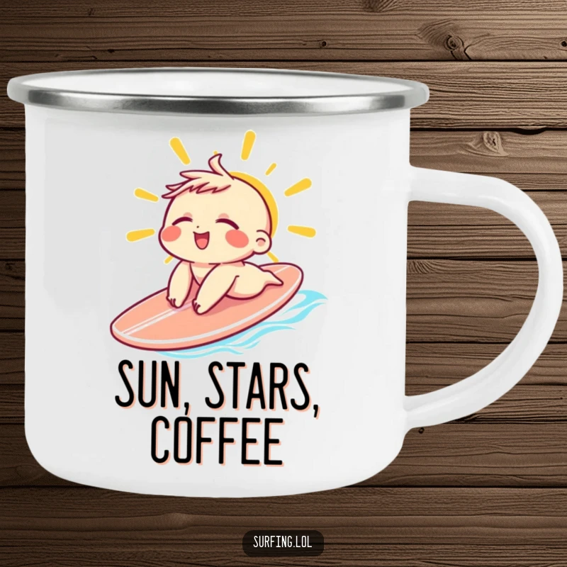 Funny Sunbathing Character Camping Mug: Small character sunbathing on a surfboard with eyes closed and a relaxed grin, ideal funny gift.