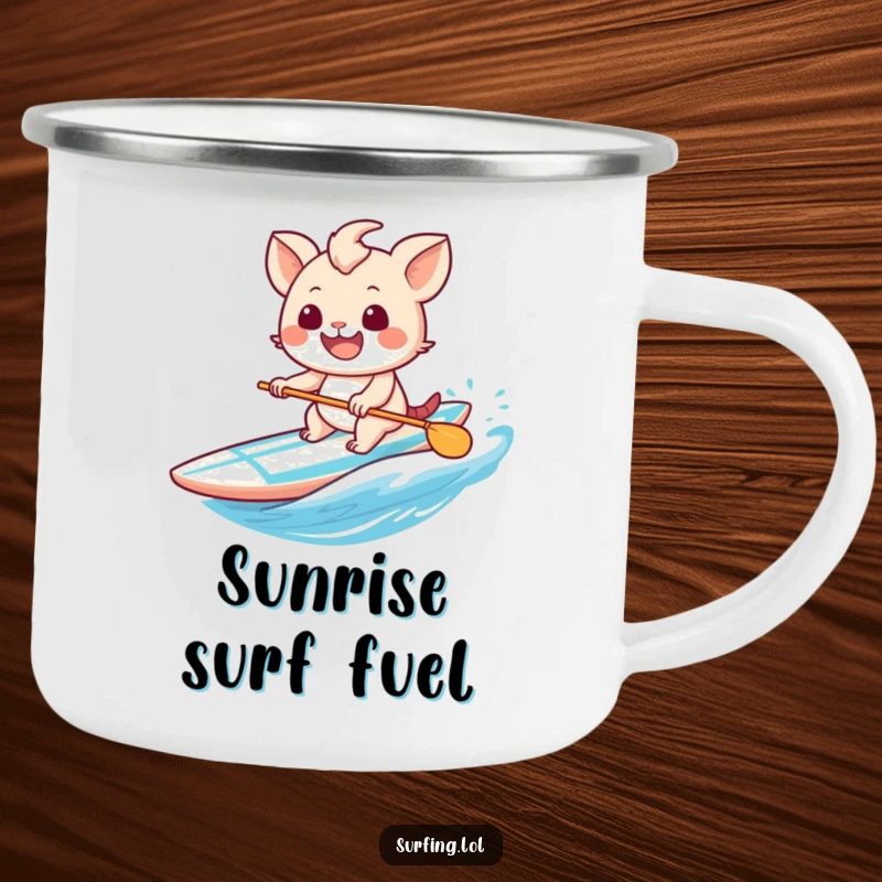 Funny camping mug with a sweet creature's ecstatic grin, paddling a surfboard, ready for outdoor adventures.
