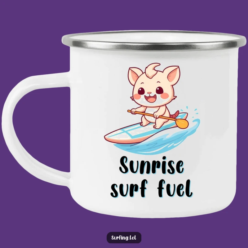Funny Camp Mug: Sweet Creature's Grinning Surfer Design - A Hilarious Outdoor Gift