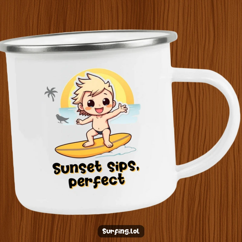 Funny camping mug with a character posing on a surfboard at sunset, perfect for enjoying drinks during outdoor excursions.