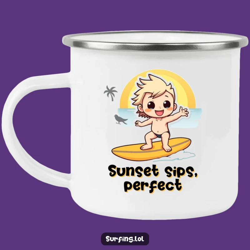 Funny Sunset Surfer Camping Mug - Sunset Brews, Outdoor Funny Gift