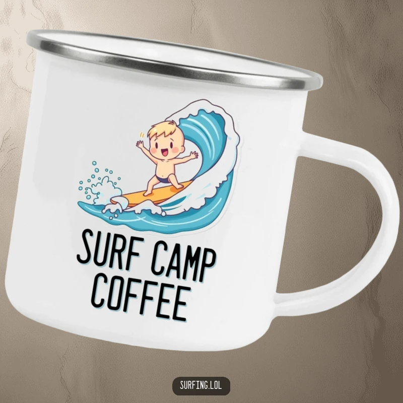 Funny camping mug showing a charming figure doing a playful dance after successfully catching an ocean wave.