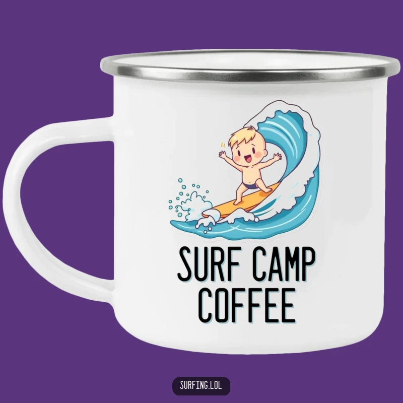 Funny Surfer Dance Camping Mug: Charming Figure Catches Wave, Outdoor Funny Gift