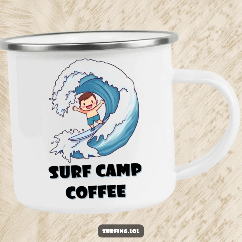 Funny Camping Mug: Character joyfully surfing a massive wave with a smiley face, perfect for beach adventures and outdoor fun.