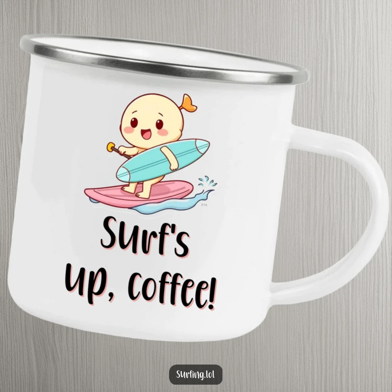 Funny camping mug showing a cheerful character paddling with a miniature surfboard, perfect for enjoying drinks by the fire or on the trail.