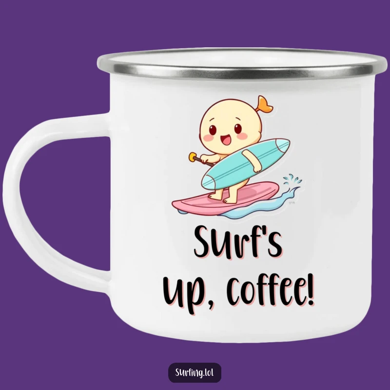 Funny Cheerful Surfer Camping Mug - Tiny Board Adventures, Outdoor Funny Gift