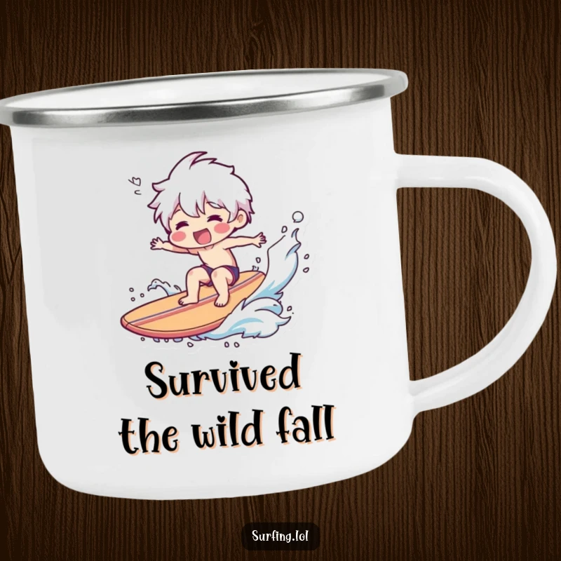 Funny Camping Mug: A smiling character humorously wipes out on a surfboard, designed for rugged fun.