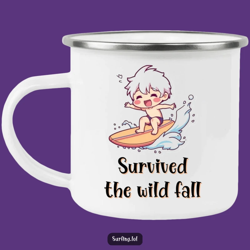 Funny Wipeout Surfer Camping Mug - Smiling Character Outdoor Fail, Humorous Gift