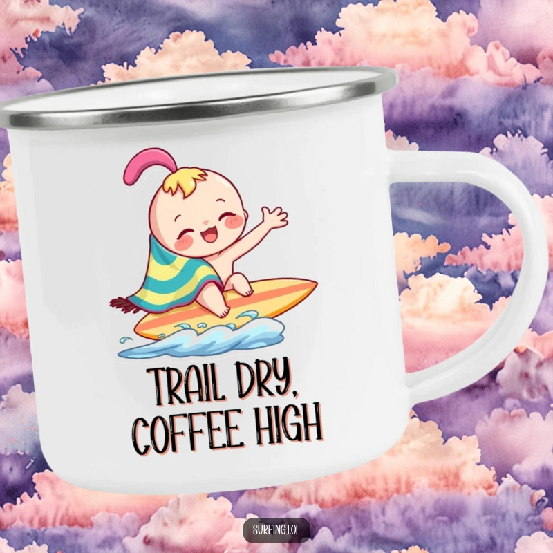Funny joyful character playfully wiping across surfboard with a colorful towel on a camping mug, perfect for outdoor adventures, a funny gift.