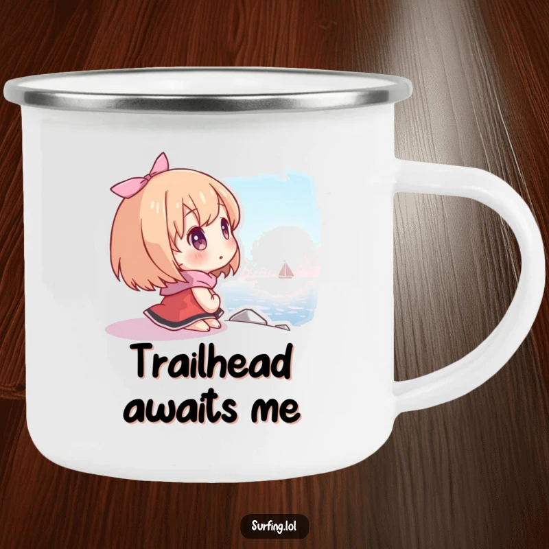 Funny camping mug with a character looking at a distant shore with hope, perfect for sipping coffee while dreaming big.