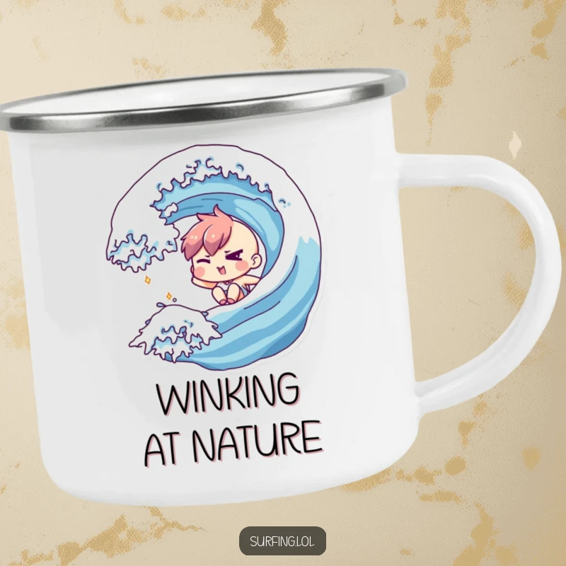 Funny camping mug featuring a character winking slyly while sliding down a wave, perfect for adventures and a touch of mischief.