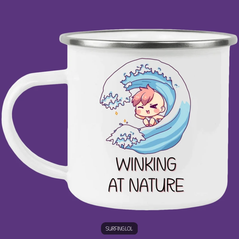Funny Winking Wave Rider Camping Mug - Adventure Brew with Flair