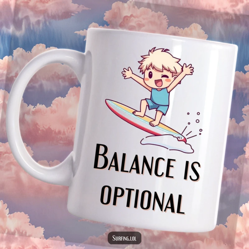 Funny Mug: Character precariously wobbling on a surfboard, arms flailing wildly, embodying a hilarious surfing fail.