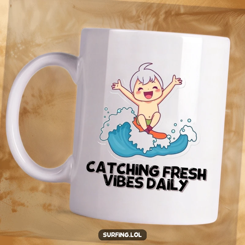 Funny Mug: Cute character joyfully riding a surfboard on a wave, arms outstretched in pure exhilaration and happiness.