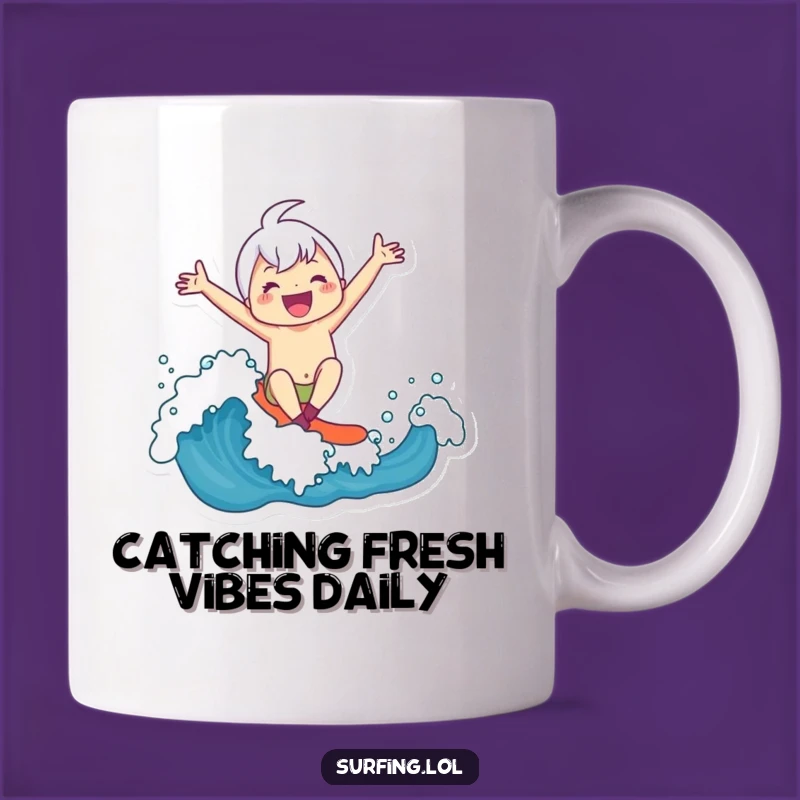 Funny Joyful Surfer Mug - Cute Character Riding Wave, Perfect Humorous Gift