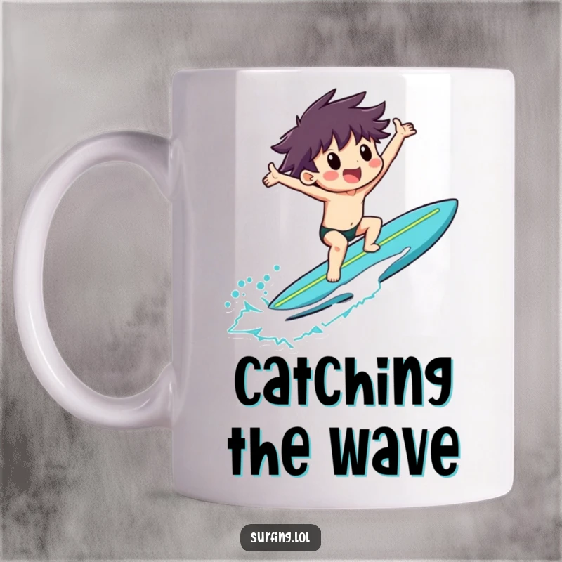 Funny mug of a surfer riding a wave with arms outstretched in pure exultation, celebrating the ocean's thrill.