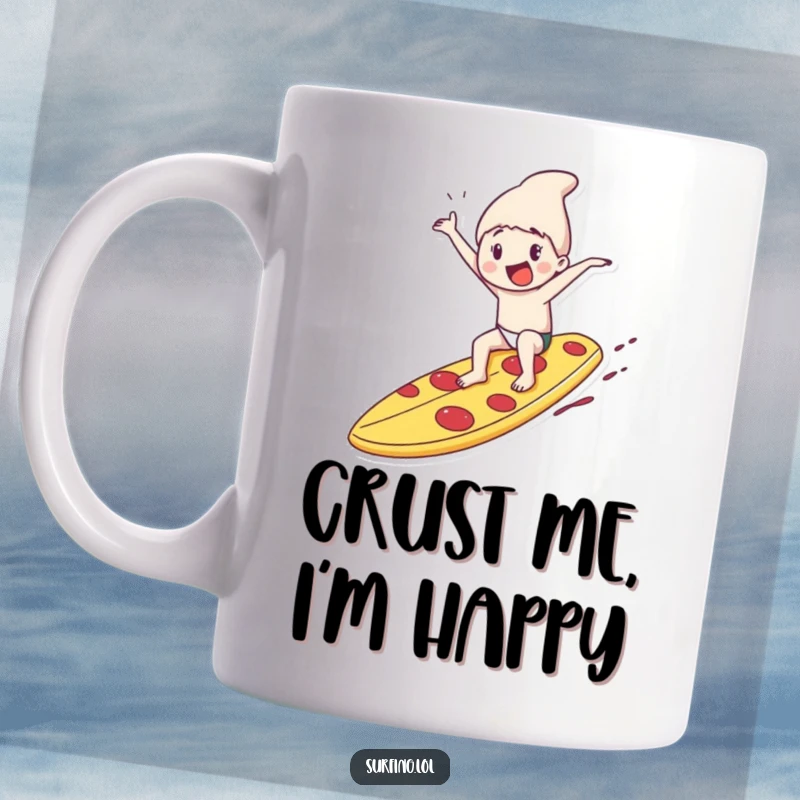 Funny mug showing a character joyfully riding a giant pizza slice surfboard, embodying pure, hilarious, and adventurous fun.