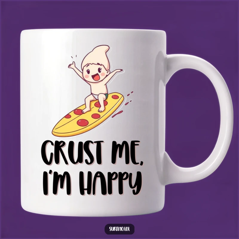 Funny Pizza Surfboard Mug: Hilarious Character Riding a Slice, Perfect Gift