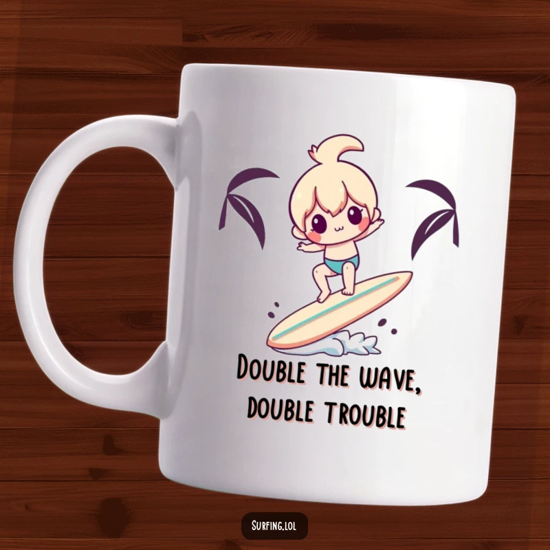 Funny mug showing a playful character struggling to balance on a surfboard while holding another surfboard, creating a humorous scene.