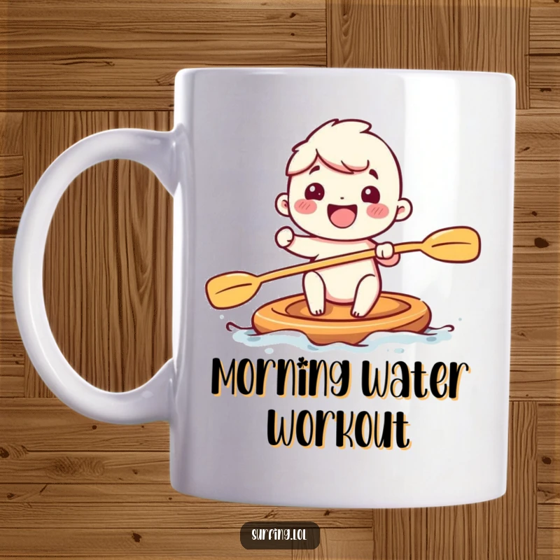 Funny mug shows an adorable character enthusiastically paddling with large, joyful strokes, radiating pure excitement and a love for aquatic fun.