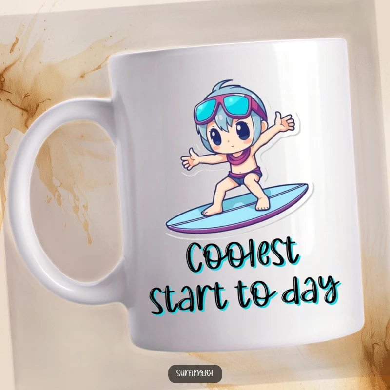 Funny Mug: A character strikes a stylish, confident pose while balancing perfectly on a surfboard.