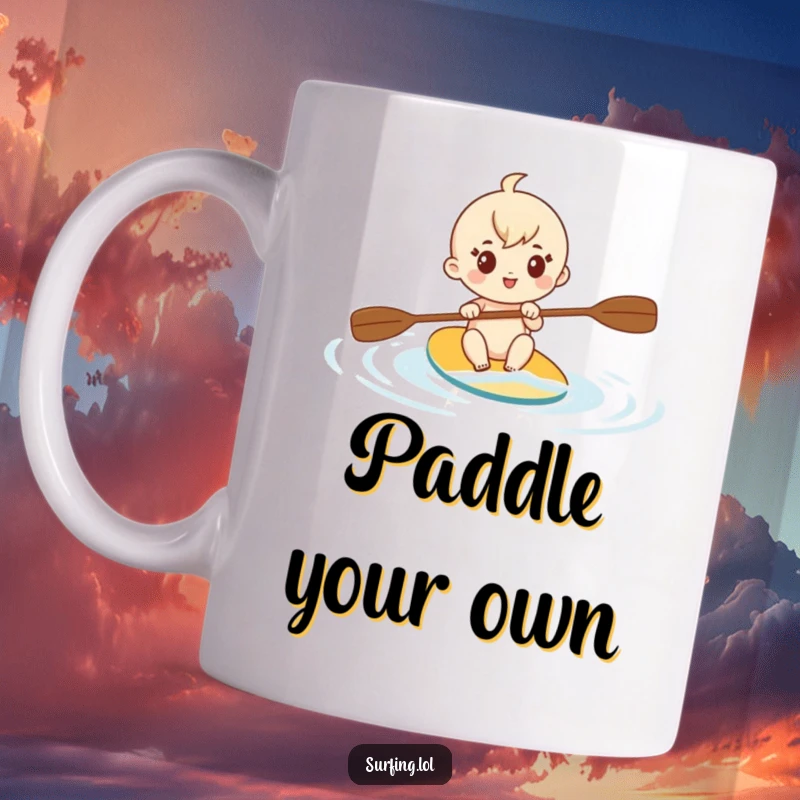 Funny mug showing a cute character determinedly paddling a small vessel through calm water, with a focused and energetic expression.