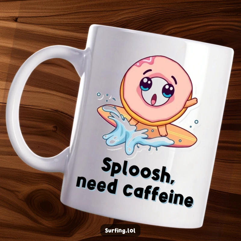 Funny mug featuring a surprised donut character falling off a surfboard with a comical splash, looking utterly bewildered.