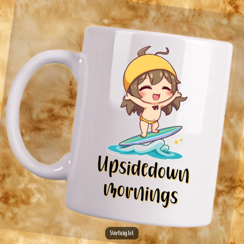 Funny Handstand Character Mug: Character winking and doing a handstand on a surfboard with playful balance, ideal funny gift.