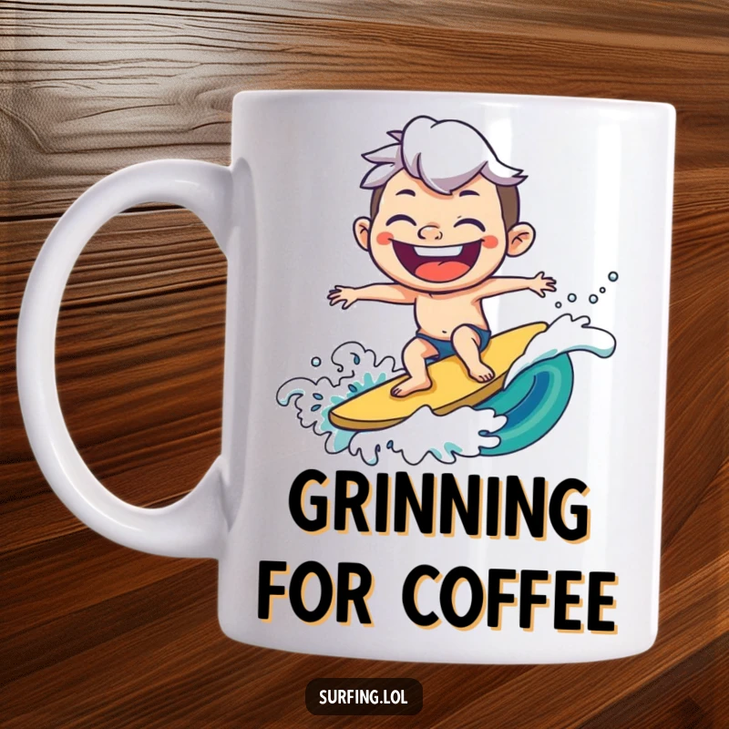 Funny mug with a joyful character surfing a wave with an exaggerated, goofy grin, radiating pure happiness and surf stoke.