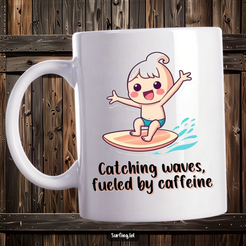 Funny kawaii character gleefully riding a surfboard with arms outstretched, celebrating the joy of surfing, perfect funny gift.