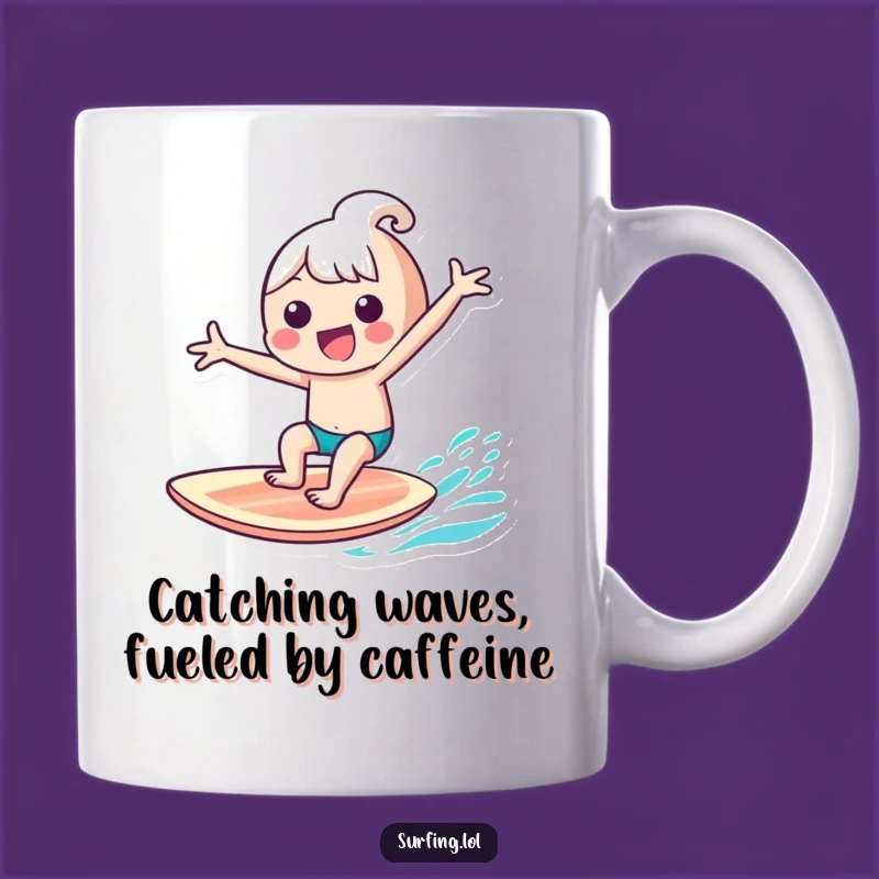 Funny Kawaii Surfer Mug: Gleeful Character Surf Art, Perfect Funny Gift for Beach Lovers