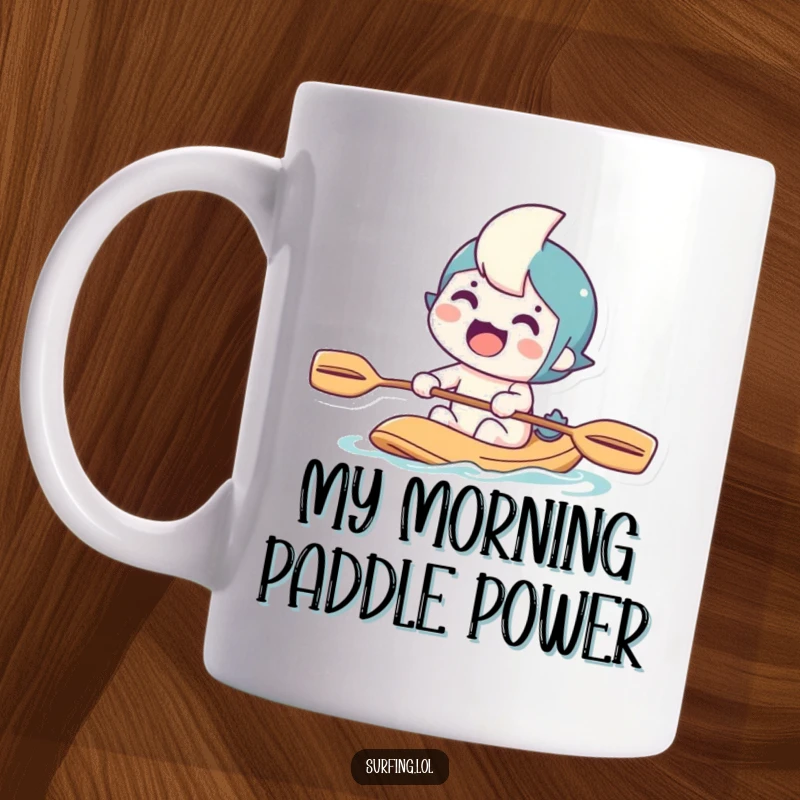 Funny mug of an excited character paddling with a determined grin, ready for adventure and bringing joy, perfect for coffee lovers.