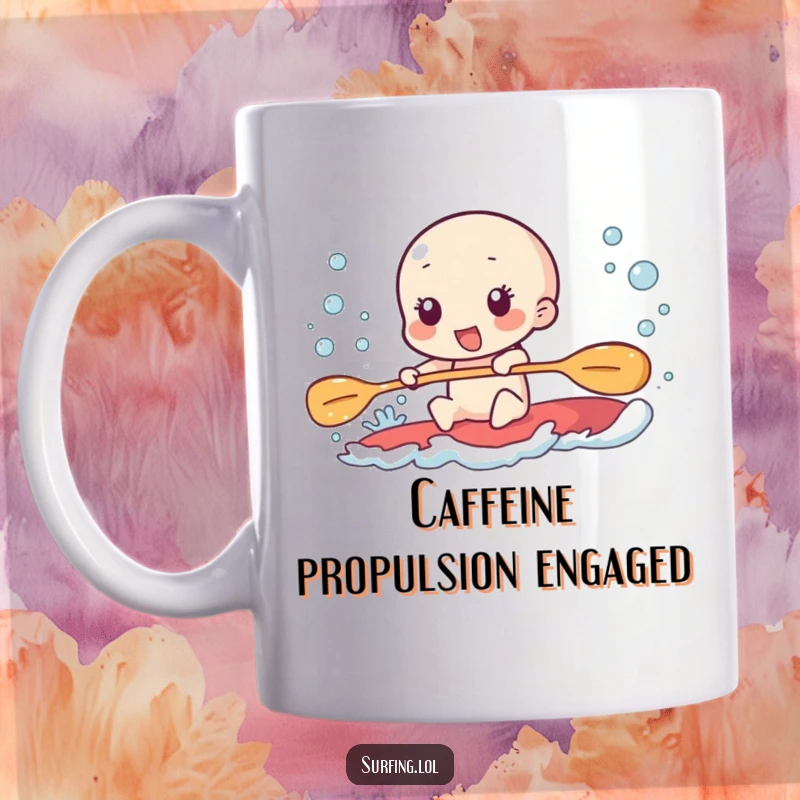 Funny mug of a character paddling furiously, leaving a trail of excited, happy bubbles behind.