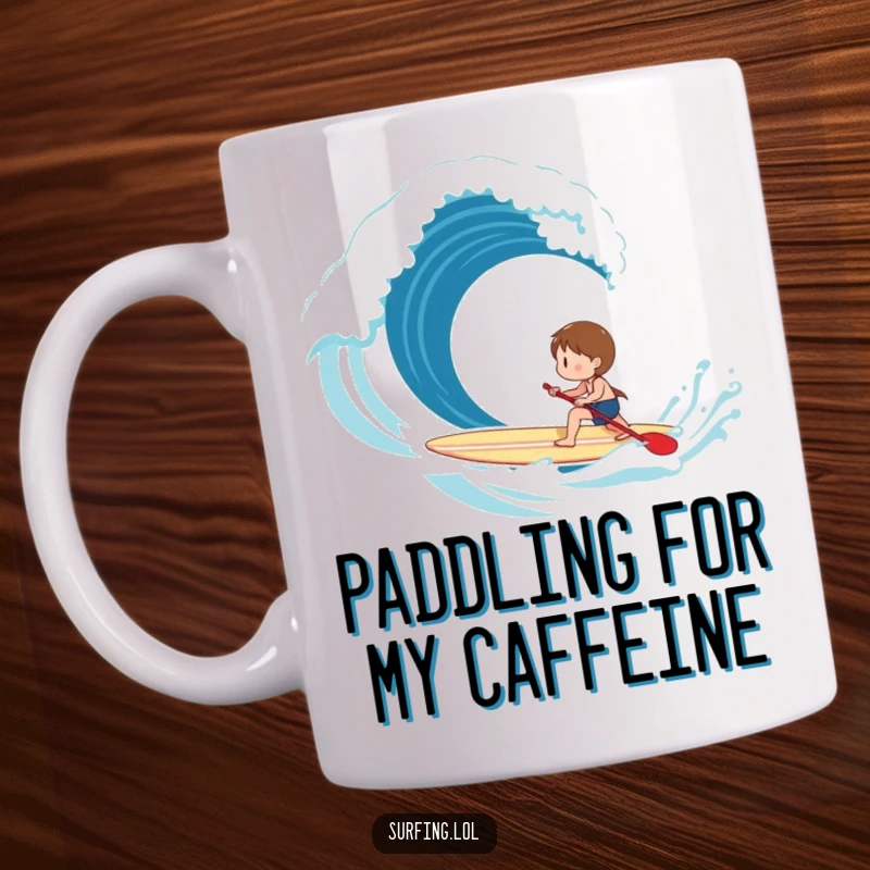 Funny Mug: A cheerful character happily paddles a surfboard forward, aiming for a distant breaking wave.