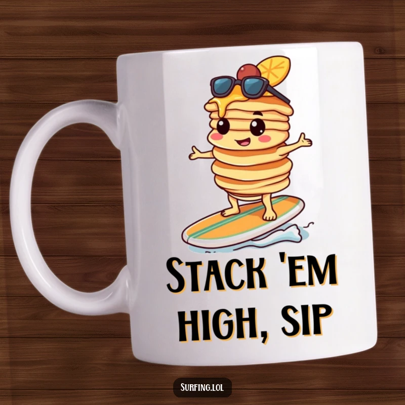 Funny pancake character, determined, balancing stacked pancakes on a surfboard, ready to ride the waves, a humorous and energetic scene.