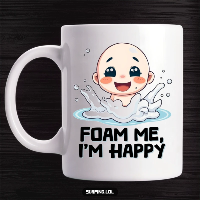 Funny mug featuring a character playfully splashing in ocean foam with a wide, happy smile, embodying pure, unadulterated beach fun.
