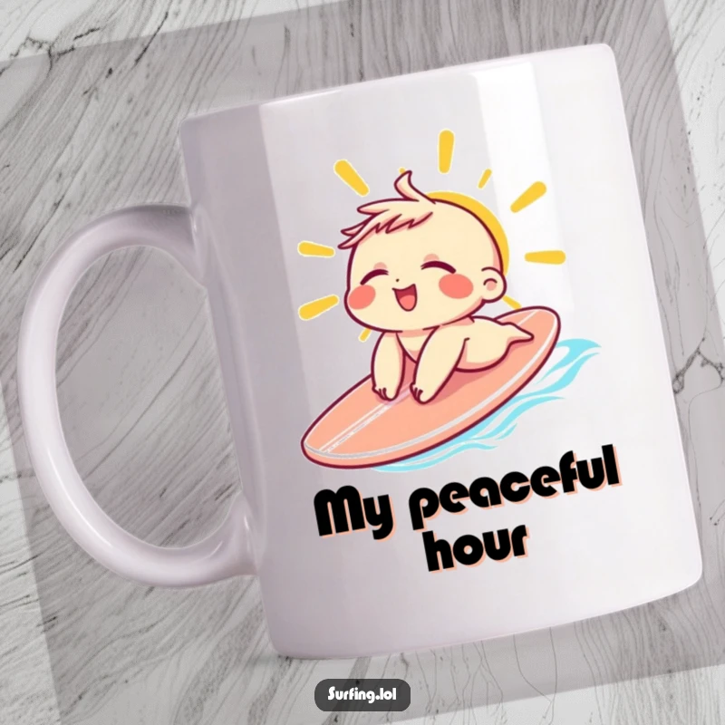 Funny Sunbathing Character Mug: A small character sunbathing on a surfboard with eyes closed and a relaxed grin, ideal funny gift.