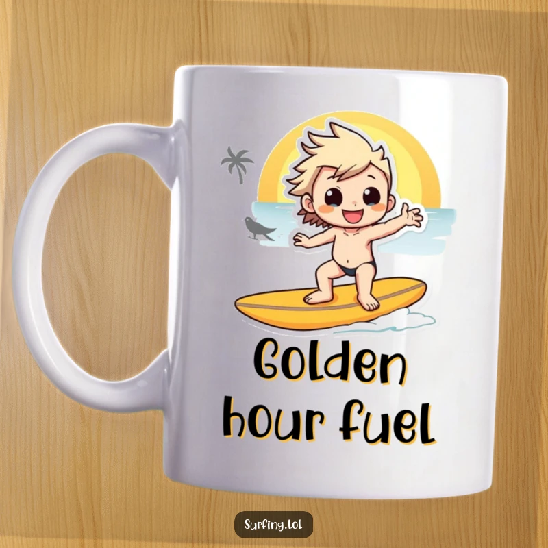 Funny mug with a smiling character striking a cool, relaxed pose on a surfboard during a vibrant sunset, embodying chill vibes.