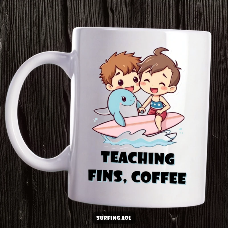 Funny mug showing an enthusiastic person giving a surf lesson to a smiling sea creature, highlighting friendship and ocean adventure.
