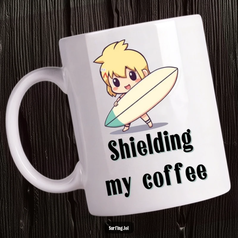 Funny cute character holding a surfboard like a shield, striking a heroic pose, ready for beach action, a funny gift.