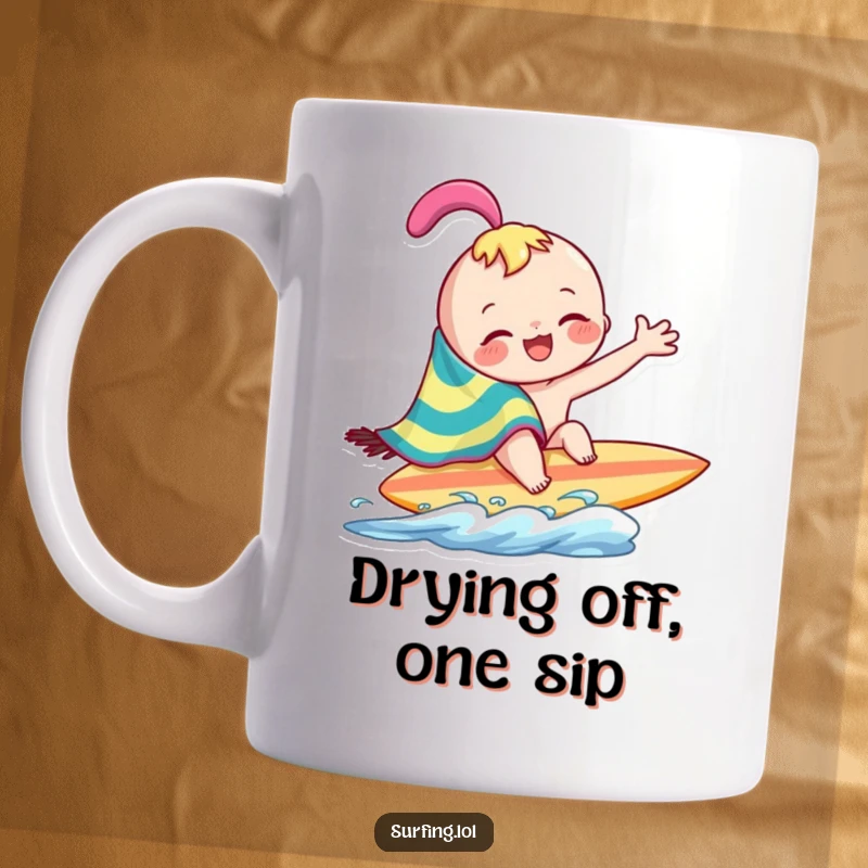 Funny joyful character playfully wiping across surfboard with a colorful towel, celebrating post-surf relaxation, a perfect funny gift.