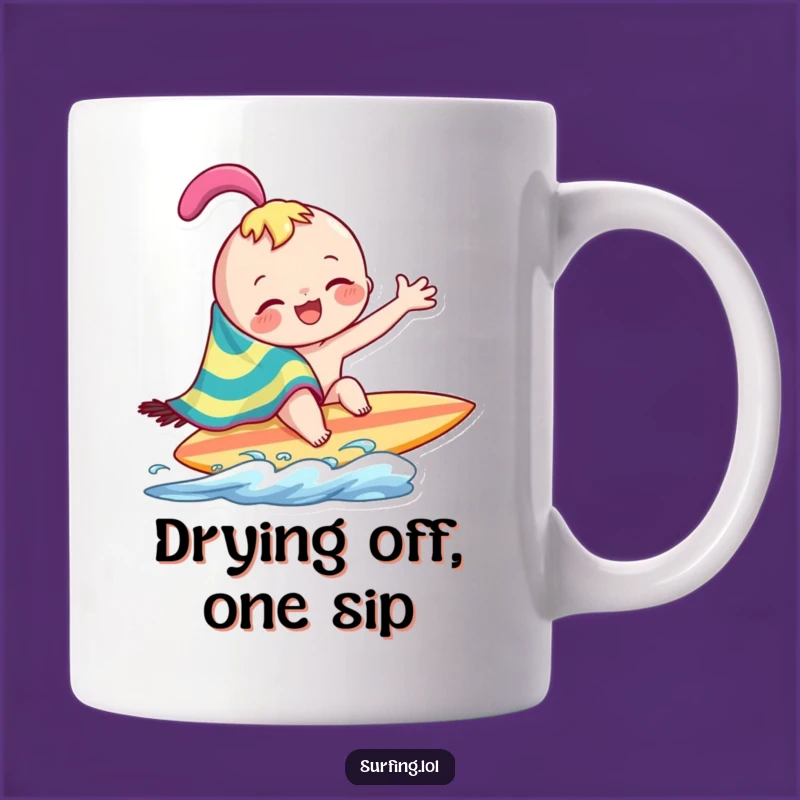 Funny Surf Towel Character Mug: Joyful Wiping Art, Beach Humor, Perfect Funny Gift