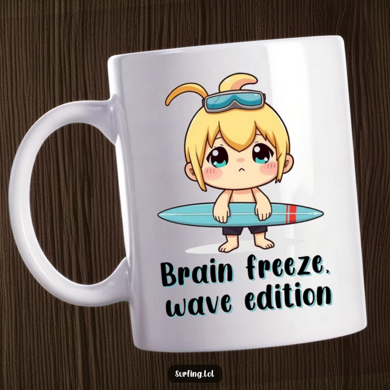 Funny mug depicting a character with intense concentration balancing a surfboard on their nose.