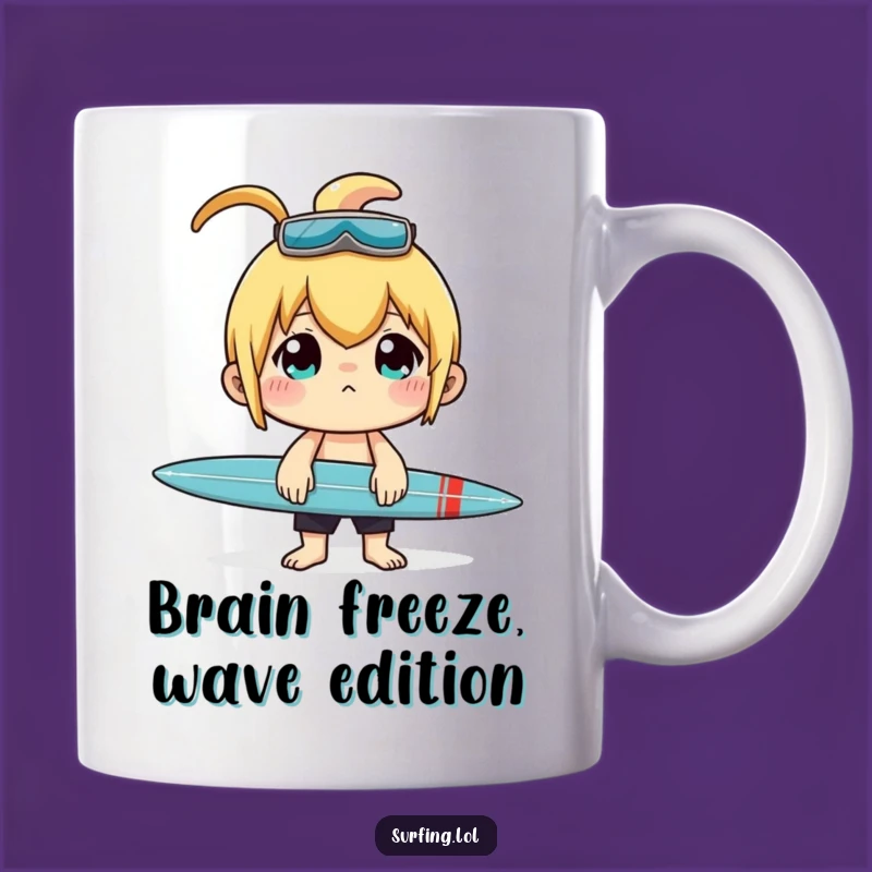 Funny Surfer Mug: Concentrated Character Balancing Surfboard on Nose Gift