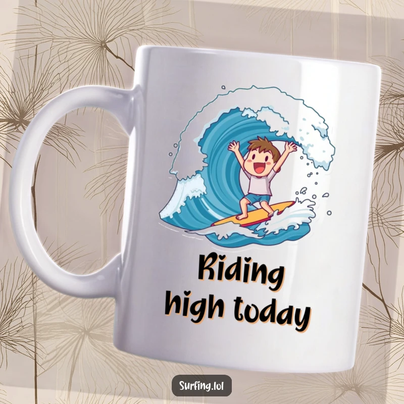 Funny mug showing a character cheering wildly after successfully riding a massive ocean wave, embodying triumph.