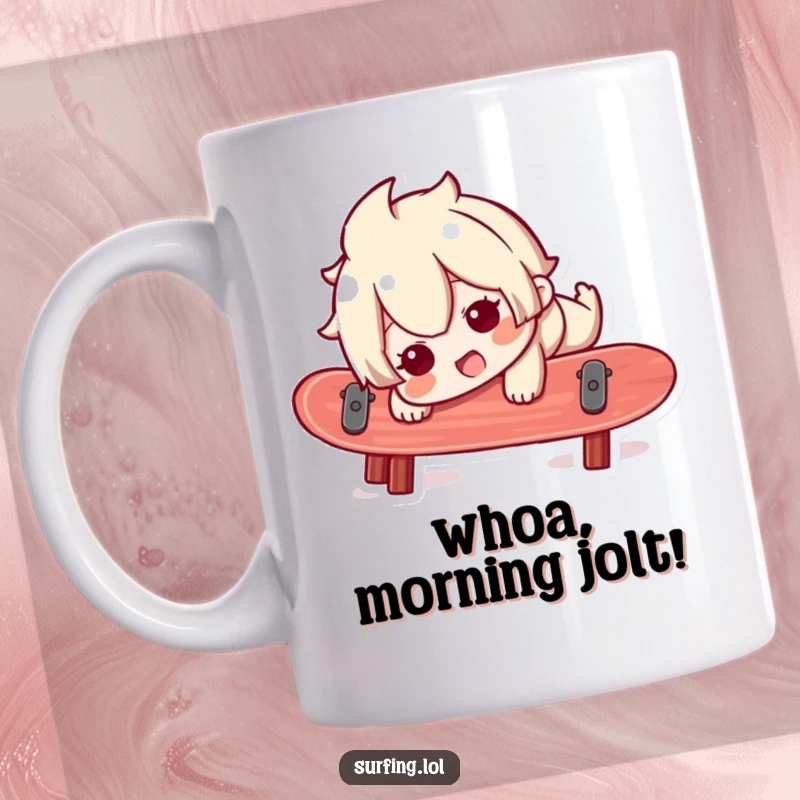 Funny mug featuring a cartoon character humorously losing balance on a surfboard, with a startled yet happy expression, capturing a fun wipeout moment.