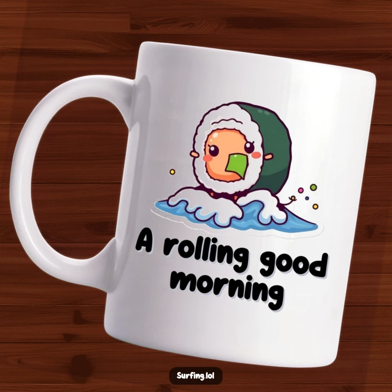 Funny mug featuring a playfully wobbly sushi roll character happily catching a tiny wave with a joyful expression.
