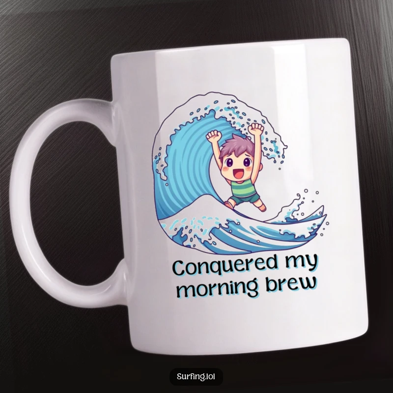 Funny Mug: A joyous character looks triumphant while successfully riding a huge, powerful ocean wave.